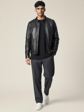 Kenneth Cole Reaction Men's Black Leather Zip-Front Jacket Pockets Large